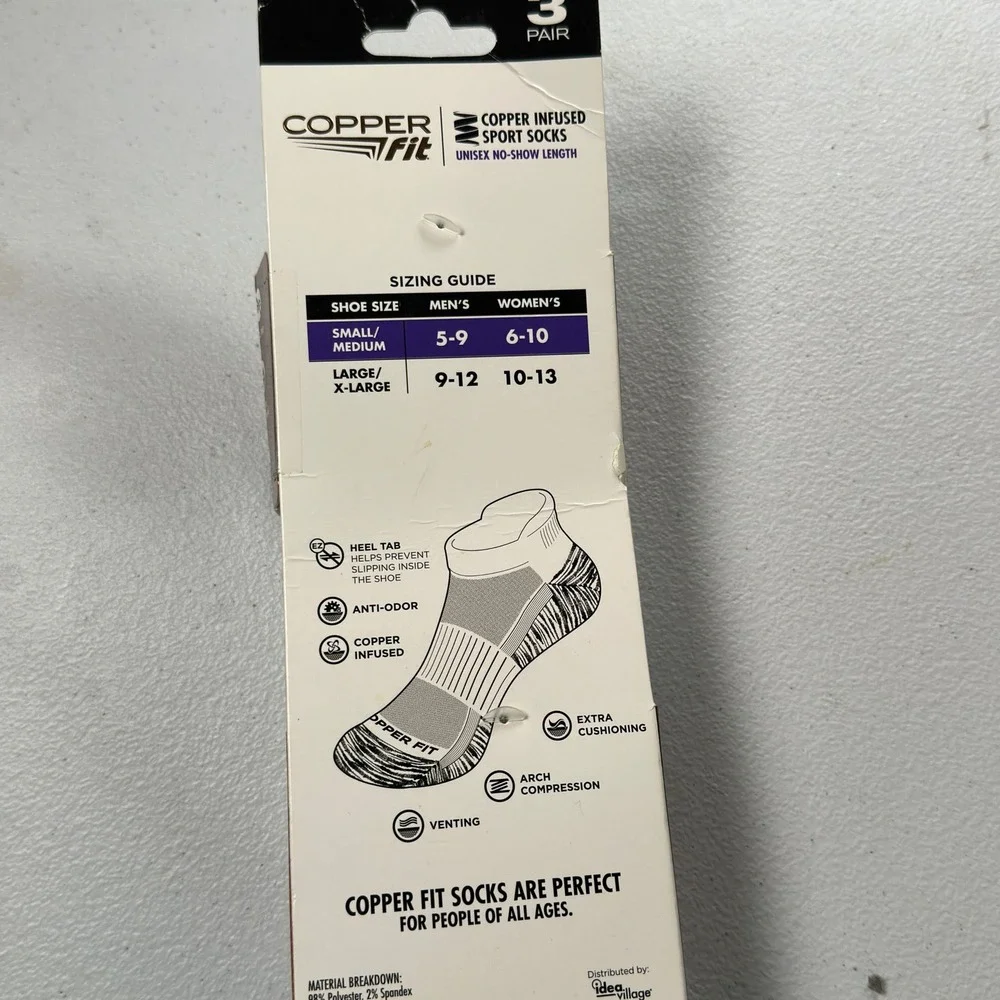 Copper Fit Sport Socks Ankle Compression White Grey Blue 3-Pair Pack S/M 5-9